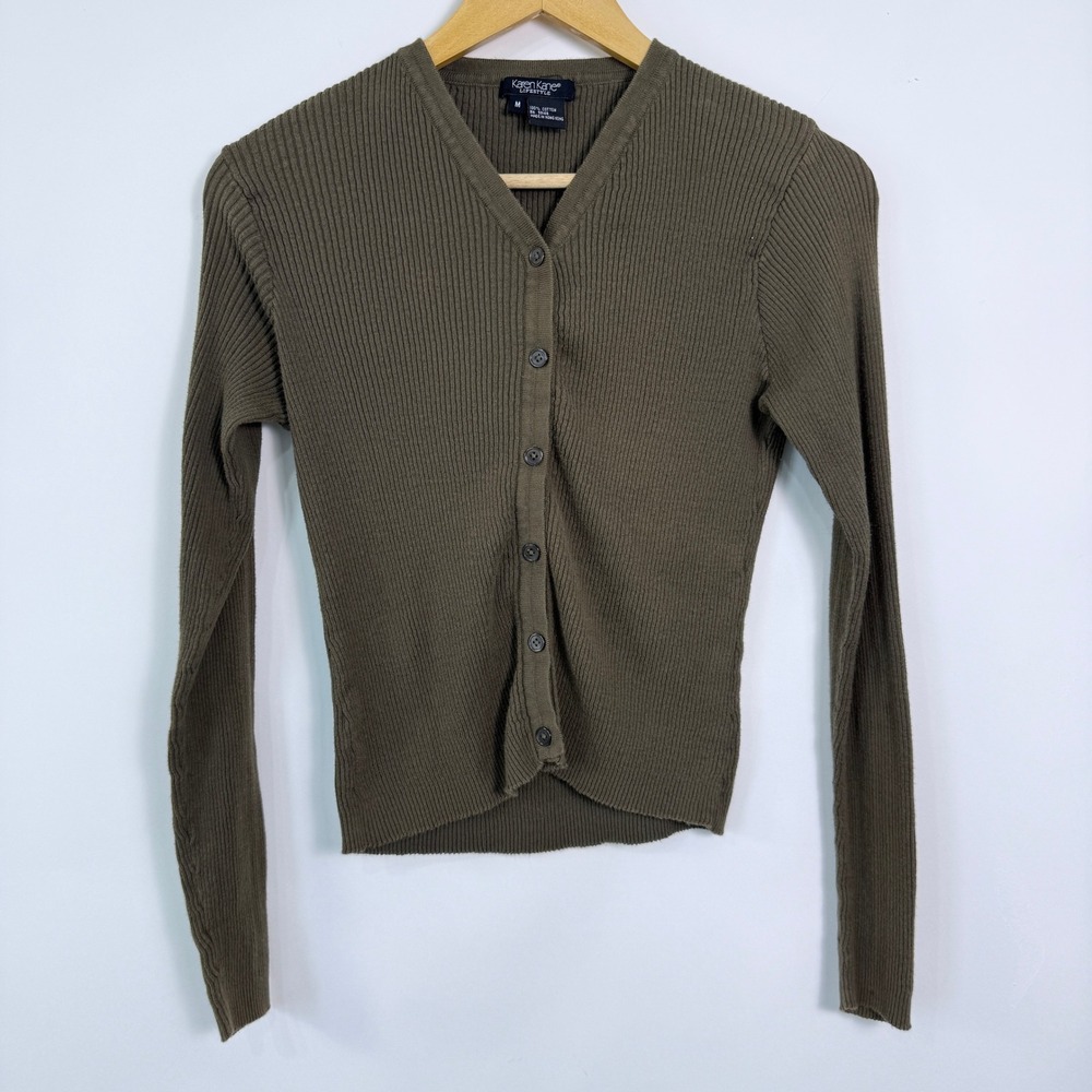 Karen Kane Y2K Ribbed Button Up Crop Top Size M‎ Olive Green Stretchy Knit